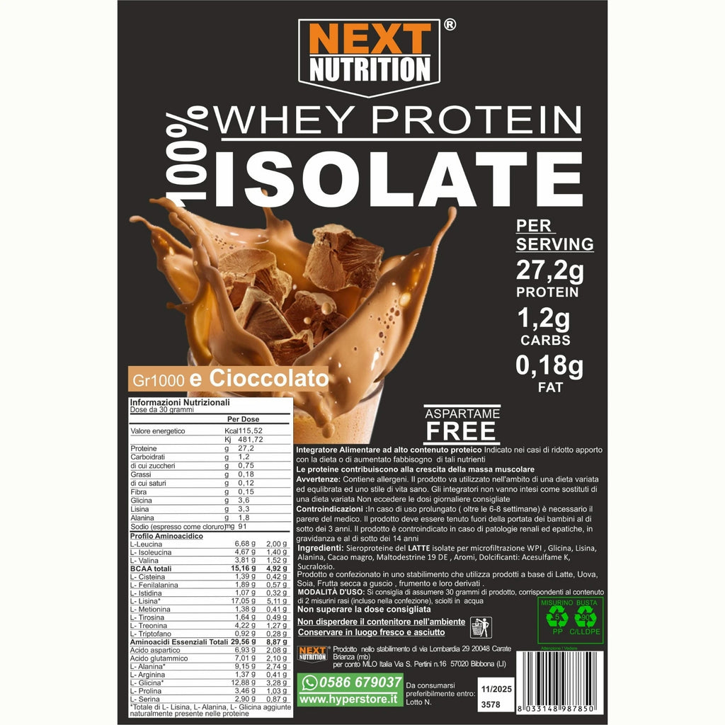 100% Isolated Whey Protein – 1kg Cocoa, Made in Italy