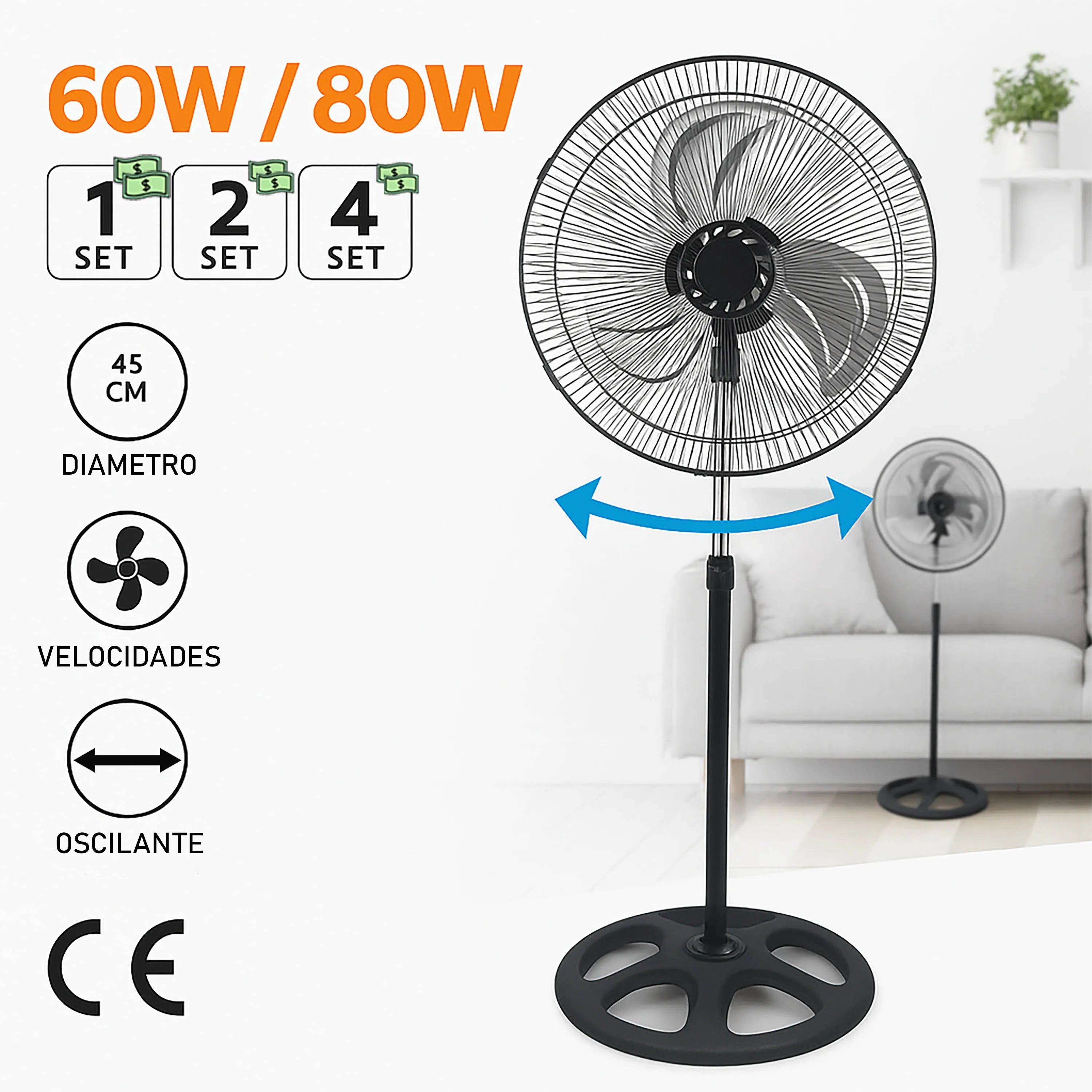 80W Silent Standing Fan with 3 Speeds and Oscillating Function, Diameter 45cm, Temperature Range 5 to 42 Degrees, Ce and Rohs Certified, Powerful and Efficient TechVisio