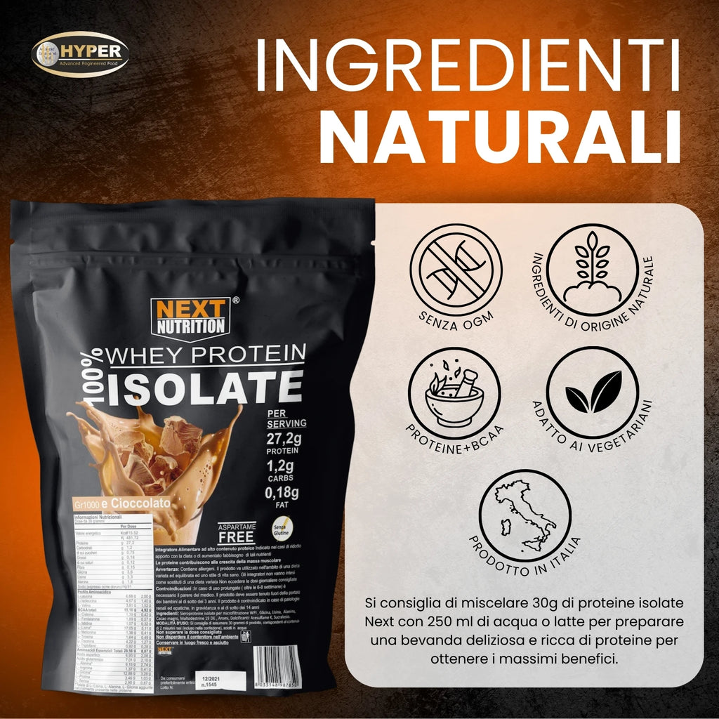 100% Isolated Whey Protein – 1kg Cocoa, Made in Italy