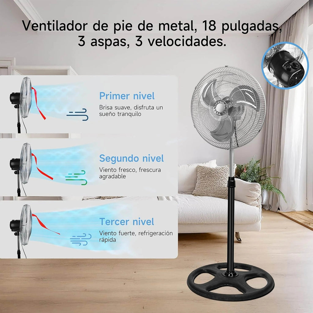 80W Silent Standing Fan with 3 Speeds and Oscillating Function, Diameter 45cm, Temperature Range 5 to 42 Degrees, Ce and Rohs Certified, Powerful and Efficient TechVisio