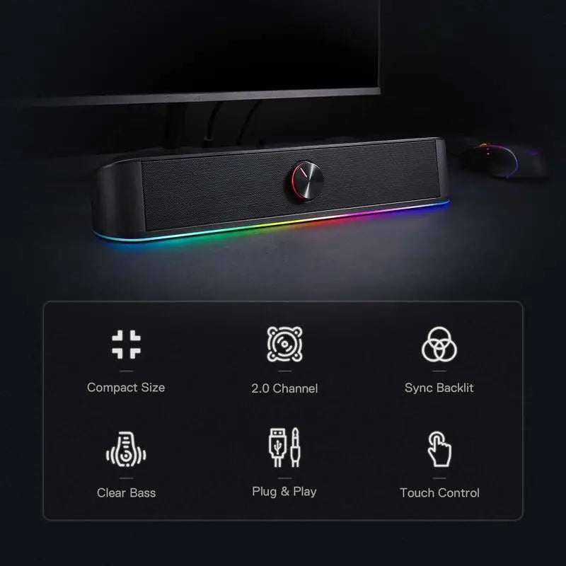 Redragon GS560 Adiemus RGB USB Desktop Soundbar, 2.0 Channel Computer Speaker with Dynamic Lighting Bar Audio-Light Sync/Display TechVisio