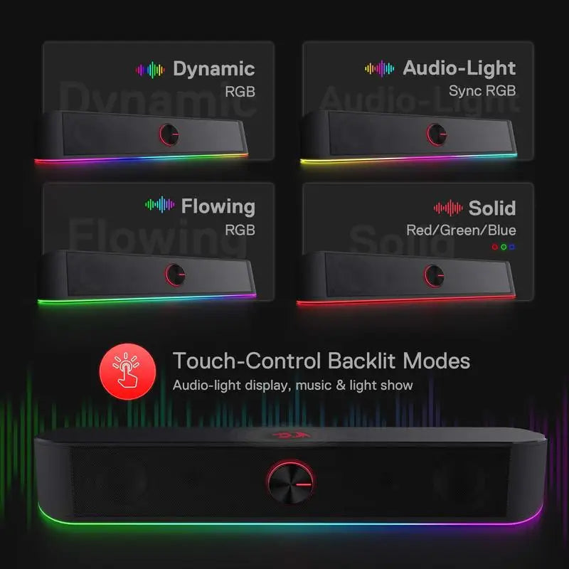 Redragon GS560 Adiemus RGB USB Desktop Soundbar, 2.0 Channel Computer Speaker with Dynamic Lighting Bar Audio-Light Sync/Display TechVisio