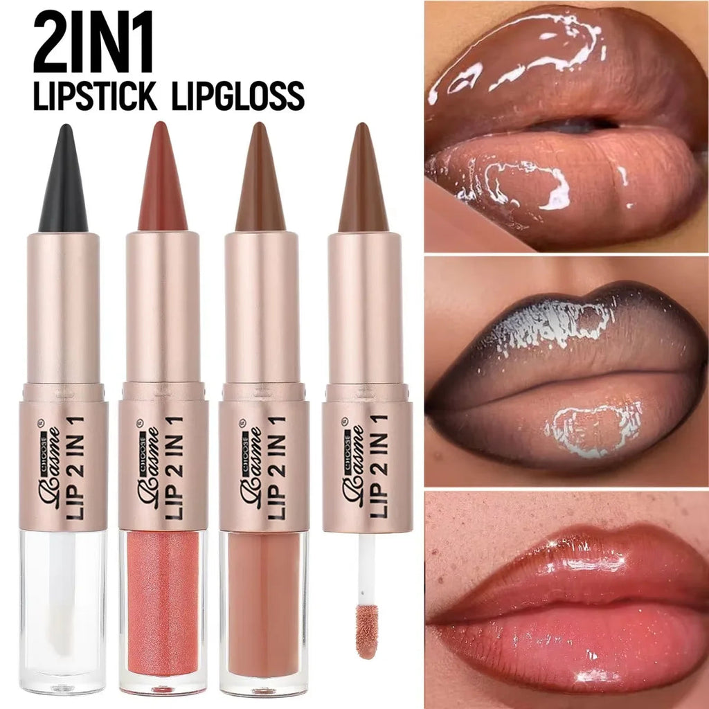 2-in-1 Lipstick & Lip Gloss, Dual-End Design, Waterproof Long-Lasting Lip Liner, Moisturizing Glossy Finish for Plump Lips TechVisio