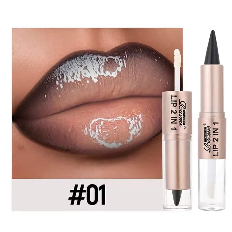 2-in-1 Lipstick & Lip Gloss, Dual-End Design, Waterproof Long-Lasting Lip Liner, Moisturizing Glossy Finish for Plump Lips TechVisio