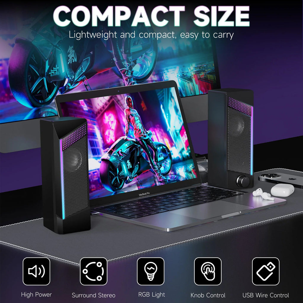 2 in 1 USB PC Speaker Notebook Stereo RGB Light Wired Portable Full Frequency Desktop Computer Laptop Subwoofer TechVisio