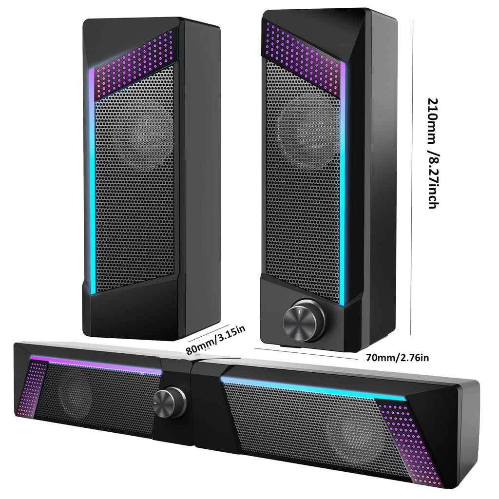 2 in 1 USB PC Speaker Notebook Stereo RGB Light Wired Portable Full Frequency Desktop Computer Laptop Subwoofer TechVisio