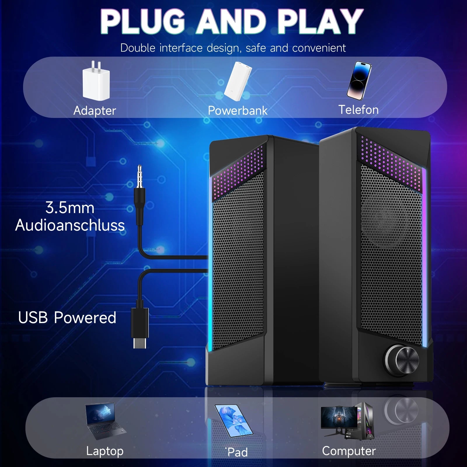 2 in 1 USB PC Speaker Notebook Stereo RGB Light Wired Portable Full Frequency Desktop Computer Laptop Subwoofer TechVisio