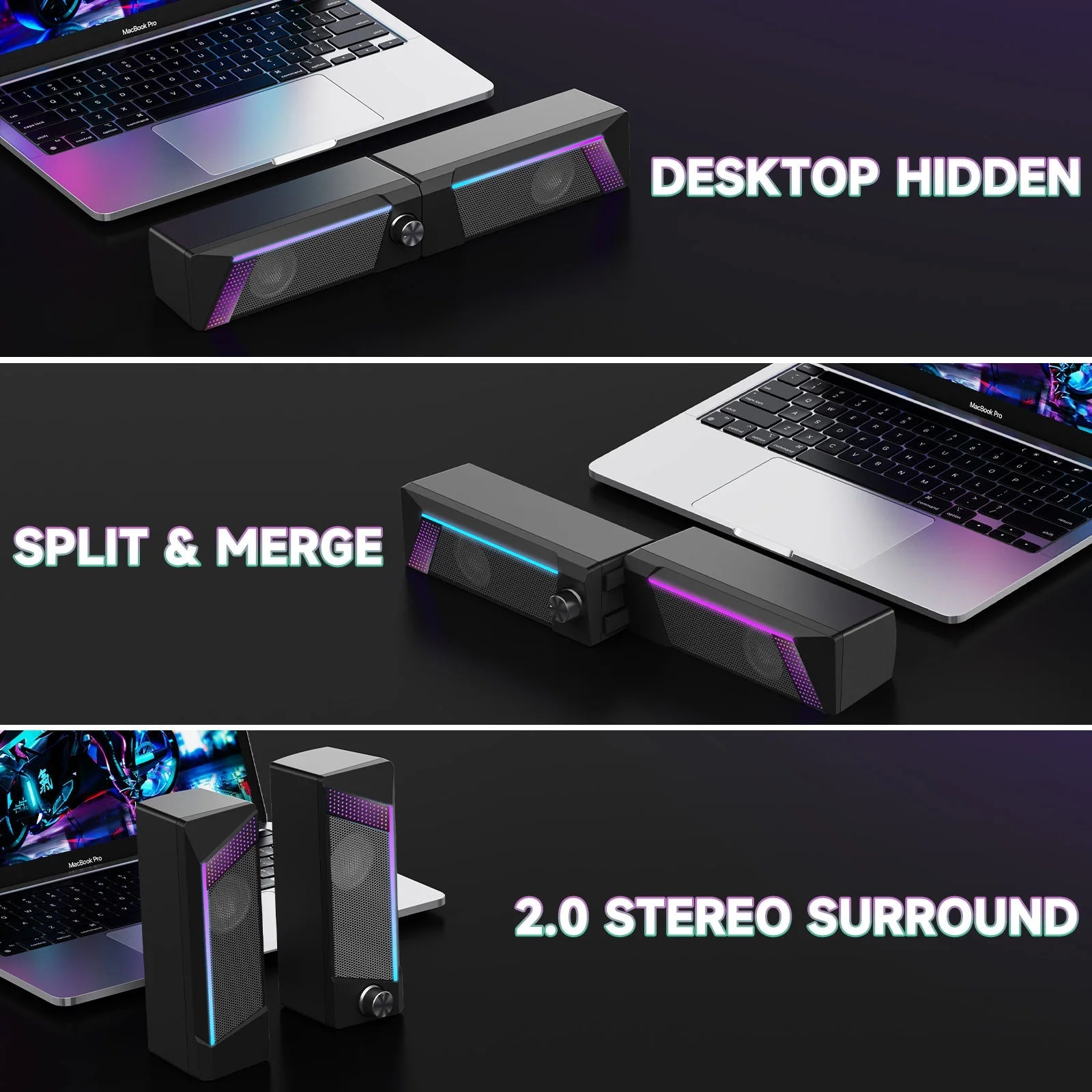 2 in 1 USB PC Speaker Notebook Stereo RGB Light Wired Portable Full Frequency Desktop Computer Laptop Subwoofer TechVisio