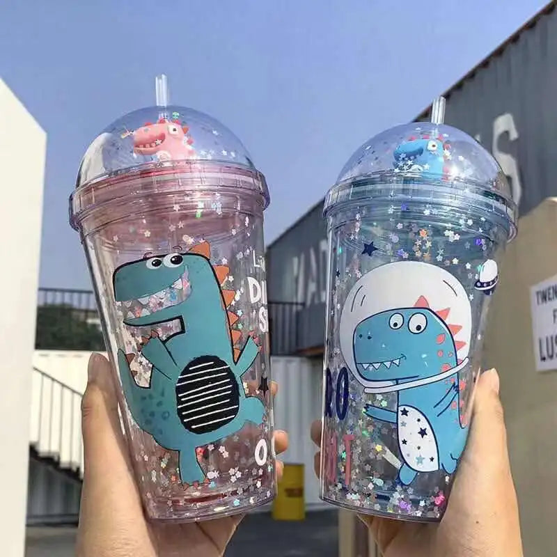 Kawaii Dinosaur Blossom Bottle Creative Sequin Rabbit Crushed Ice Cup Summer Drink Mugs With Straw Coffee Juice Mugs TechVisio