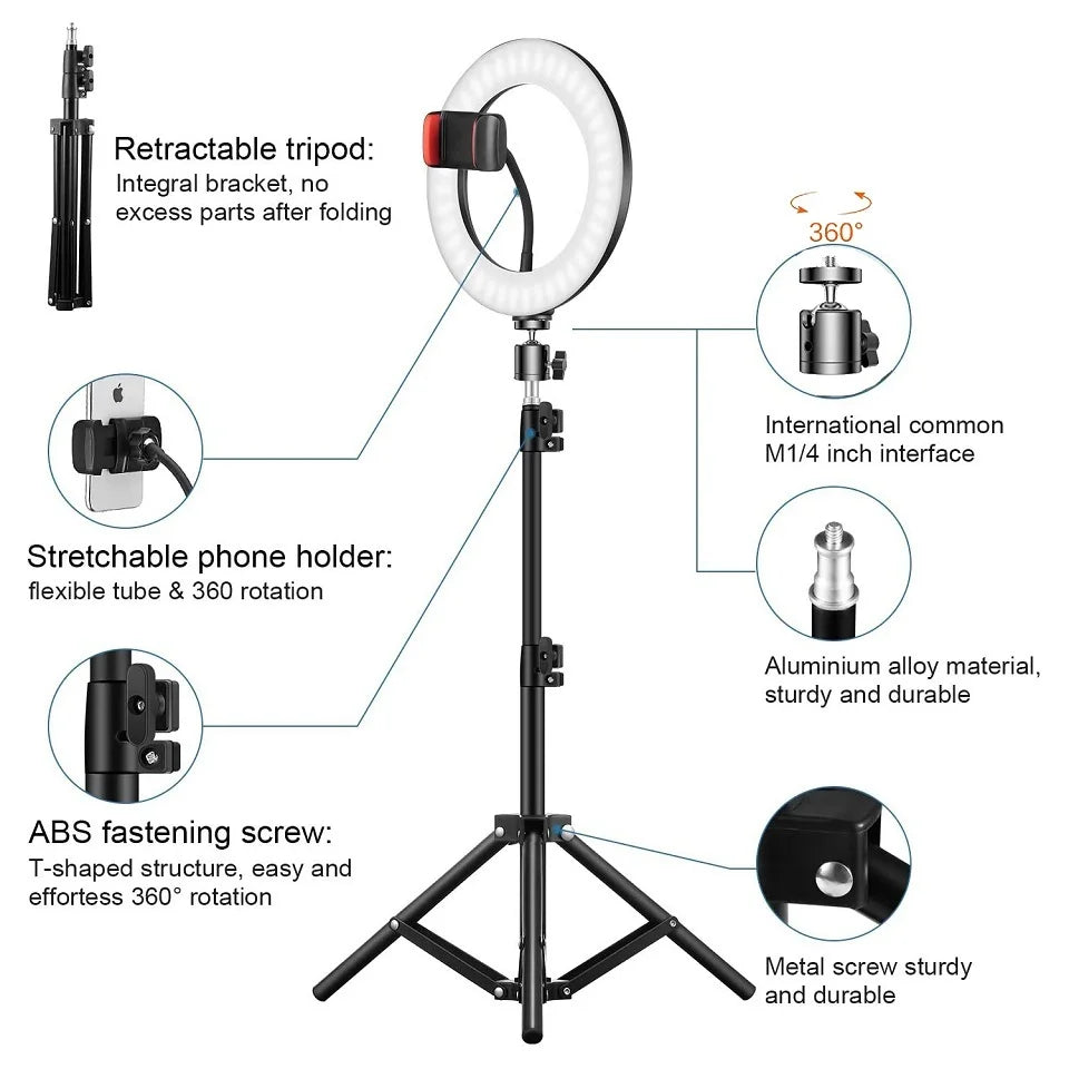 Kit LED Ringlicht TechVisio – 10"/12" | 200cm Stativ | 3 Modi | USB