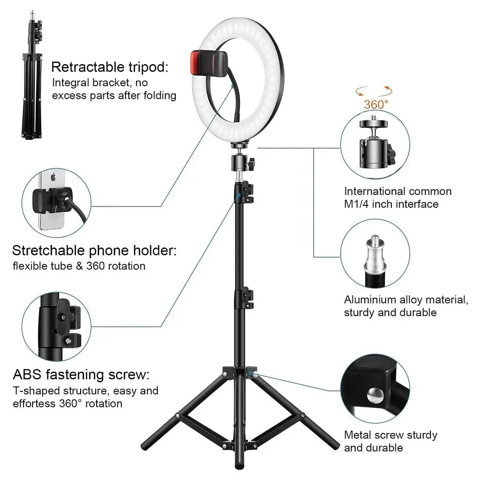 Kit Ring Light LED TechVisio – 10"/12" | Trépied 200cm | 3 Modes | USB TechVisio