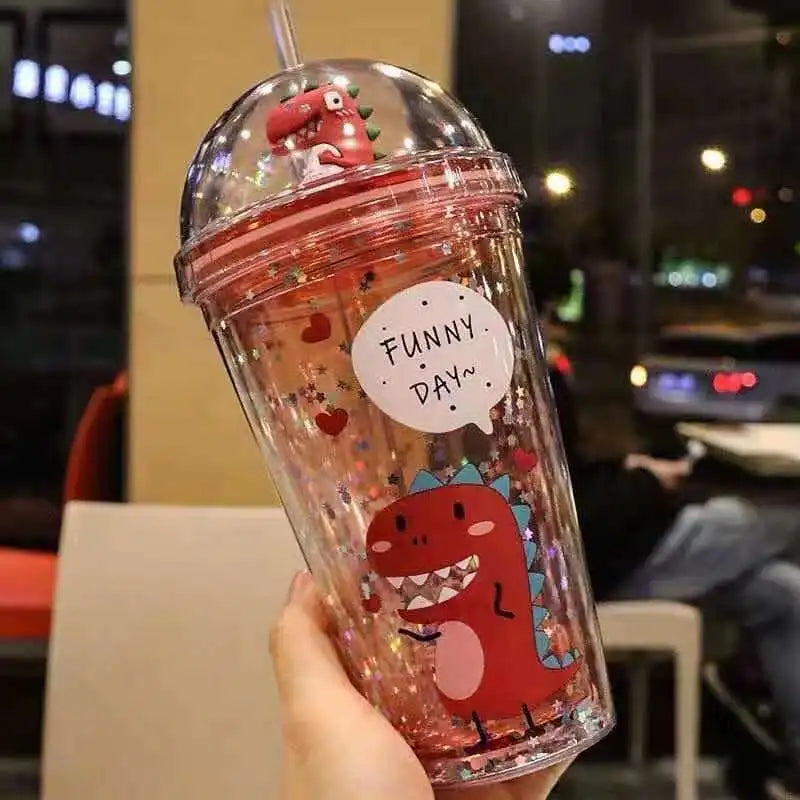 Kawaii Dinosaur Blossom Bottle Creative Sequin Rabbit Crushed Ice Cup Summer Drink Mugs With Straw Coffee Juice Mugs TechVisio