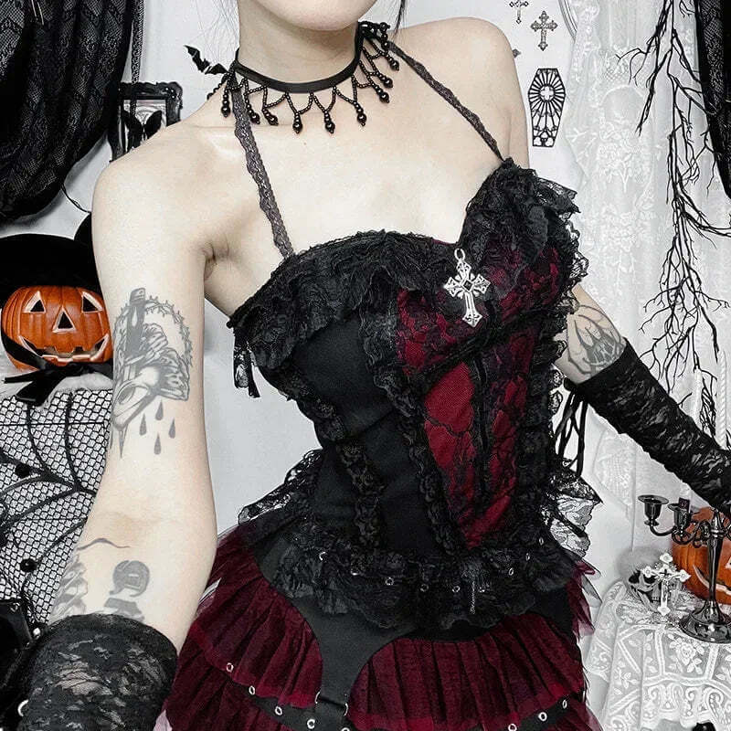 2025 Gothic Women Crop Top Skeleton Printed Black Corset Tops Sexy Aesthetic Grunge Fairy Core 90s Camisole Y2K Clothes TechVisio