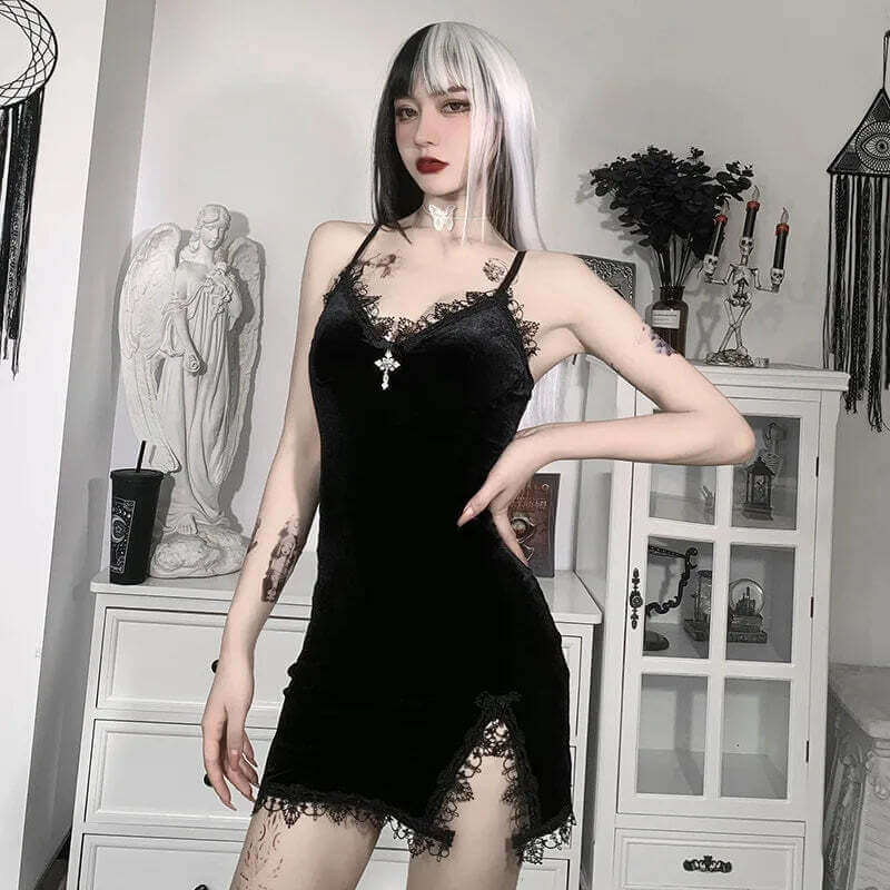 Dark Cross Black Mini Dress Vintage Sexy Spaghetti Strap High Waist Slit Dresses Goth Party Club Women Dress TechVisio
