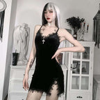 Dark Cross Black Mini Dress Vintage Sexy Spaghetti Strap High Waist Slit Dresses Goth Party Club Women Dress TechVisio