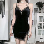 Dark Cross Black Mini Dress Vintage Sexy Spaghetti Strap High Waist Slit Dresses Goth Party Club Women Dress TechVisio