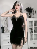 Dark Cross Black Mini Dress Vintage Sexy Spaghetti Strap High Waist Slit Dresses Goth Party Club Women Dress TechVisio
