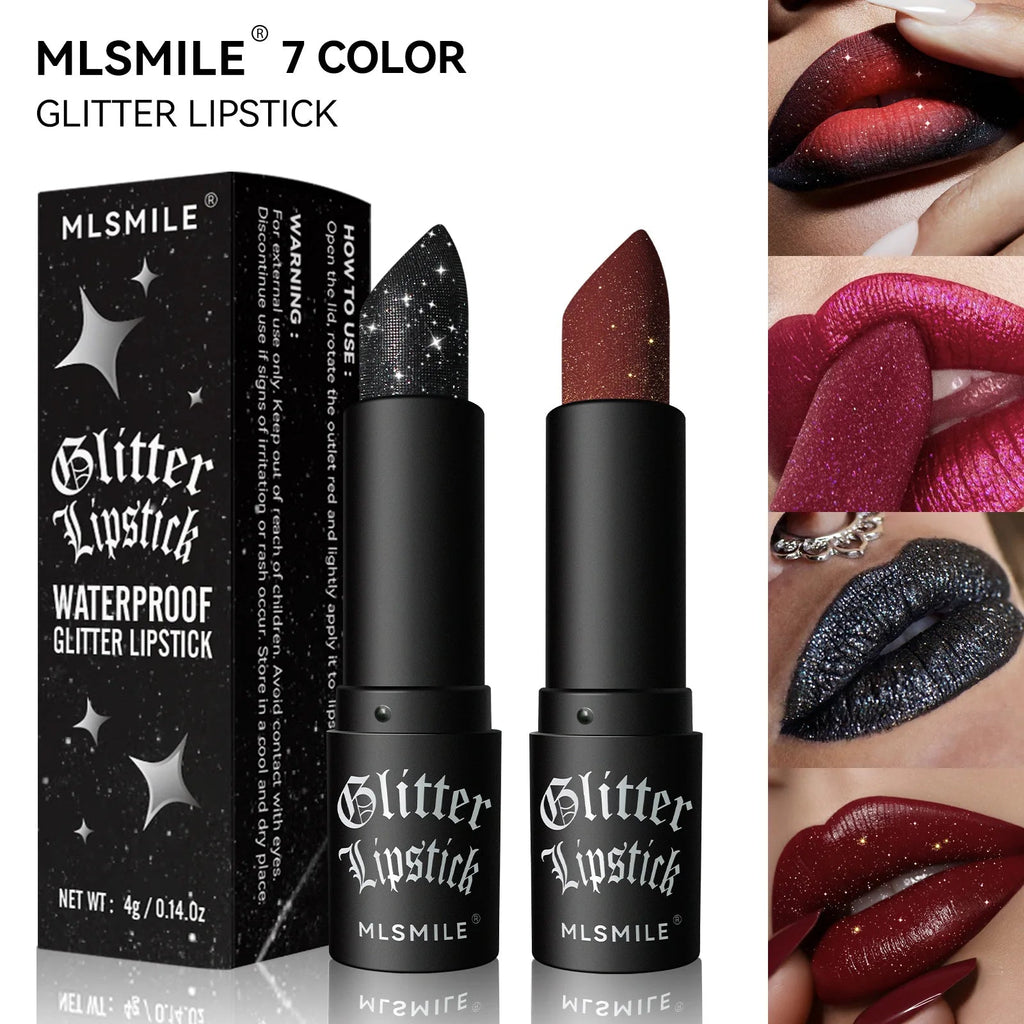 7Colors Glitter Lipstick Waterproof Long Lasting Diamond Pearlescent Metallic Lipstick Black Lipgloss Women Lips Makeup Cosmetic TechVisio