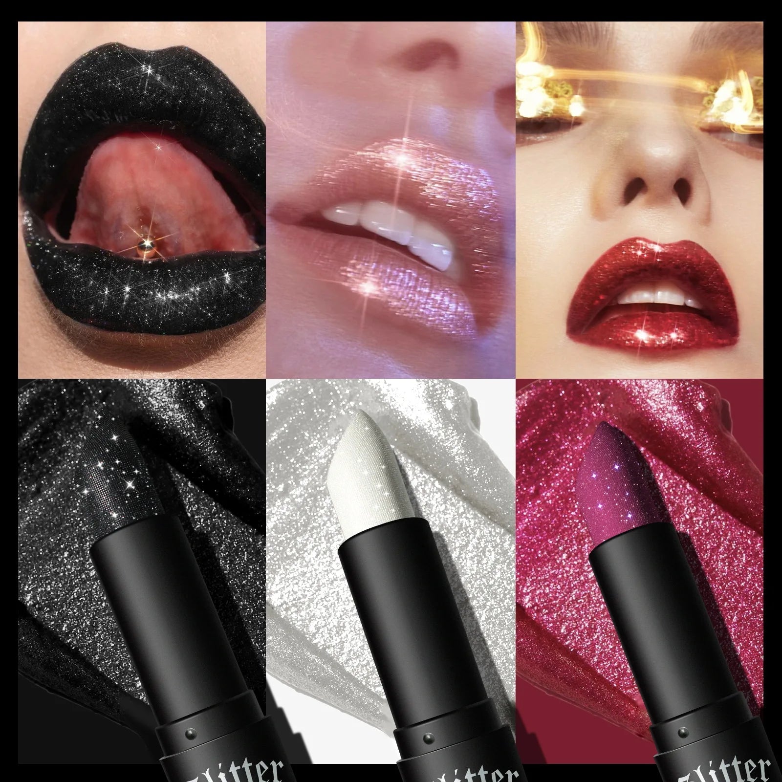 7Colors Glitter Lipstick Waterproof Long Lasting Diamond Pearlescent Metallic Lipstick Black Lipgloss Women Lips Makeup Cosmetic TechVisio