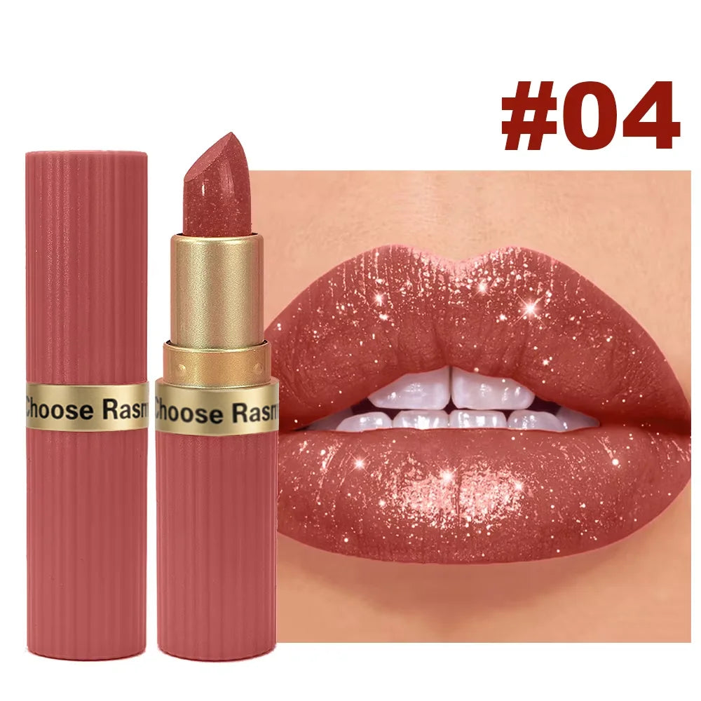 Pearlescent Pink Glitter Velvet Lipstick Metallic Waterproof Long Lasting Matte Shimmer Diamond Lipstick Women Makeup Cosmetic TechVisio