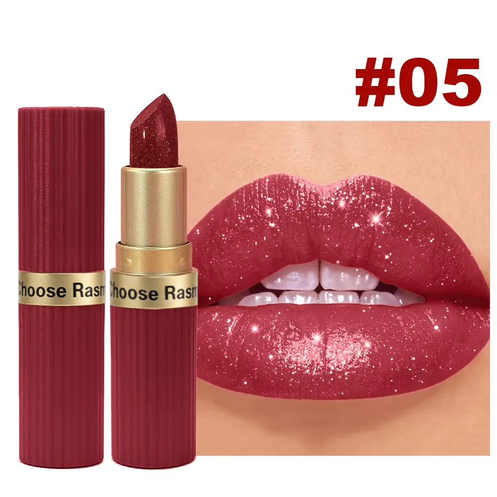 Pearlescent Pink Glitter Velvet Lipstick Metallic Waterproof Long Lasting Matte Shimmer Diamond Lipstick Women Makeup Cosmetic TechVisio