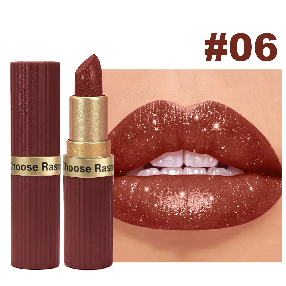 Pearlescent Pink Glitter Velvet Lipstick Metallic Waterproof Long Lasting Matte Shimmer Diamond Lipstick Women Makeup Cosmetic TechVisio