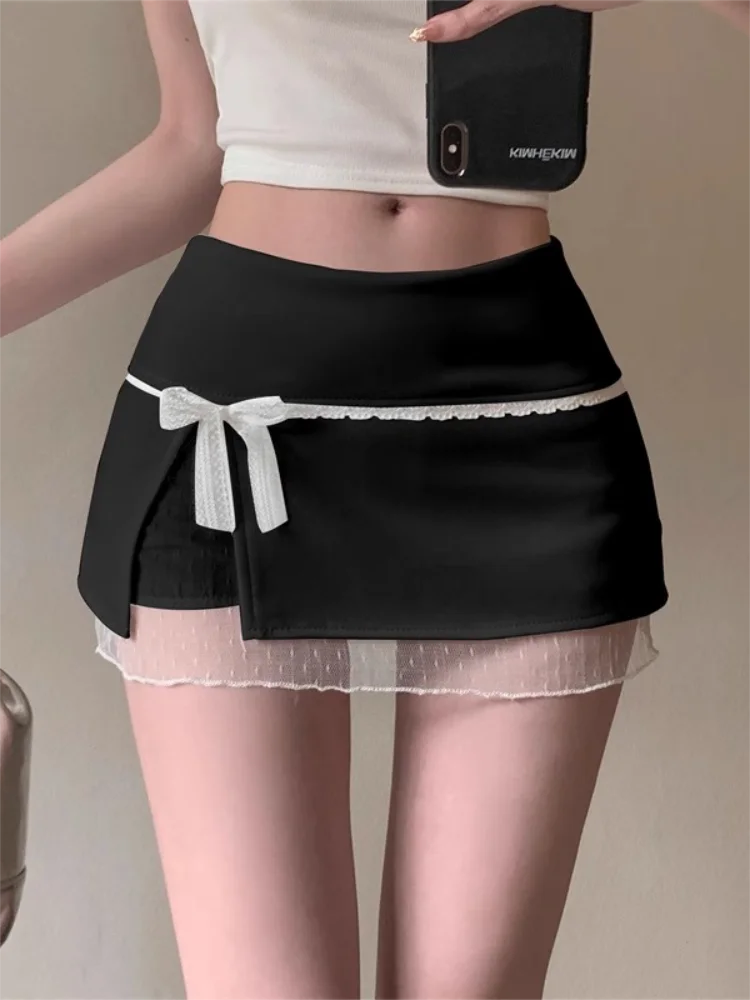 Cute Bow Lace Mini Skirt Women Microskirts Low Rise Side Slit A Line Short Skirtwith Built-in Shorts Kawaii Coquette Y2K e-Girl TechVisio