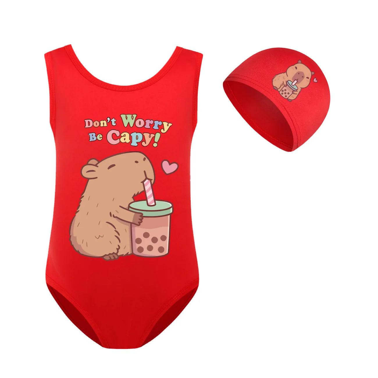 Cute Capybara Loves Bubble Tea Clothes Kids Summer Swimwear Baby Girls Once Piece Swimsuit & Cap Children Vacation Bikini suits TechVisio