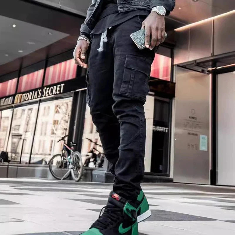 Men Street Elastic Denim Jeans Wash Solid Color Multi Pockets Cargo Pants Casual Slim Fit Daily Wear Joggers Mid Waist Trousers TechVisio