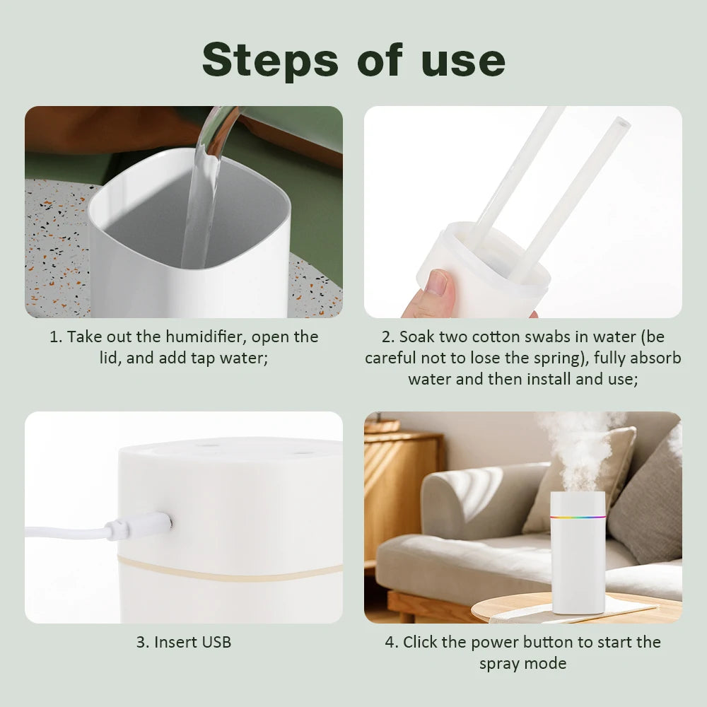 Humidificateur Double Buse 600ml – LED, Aromathérapie, 6-12h, USB