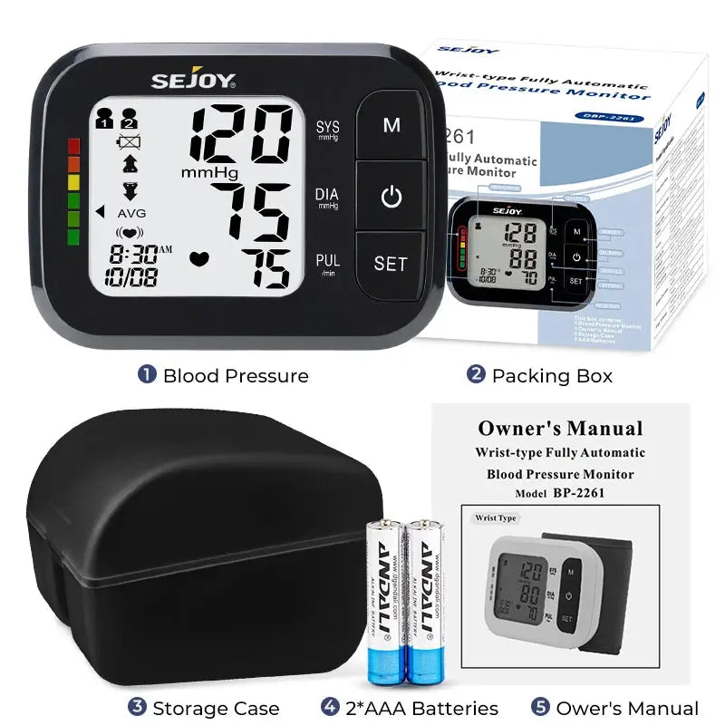 Tensiomètre Poignet Sejoy – Grade Médical, Écran LCD, 120 Mémoires, CE & RoHS TechVisio