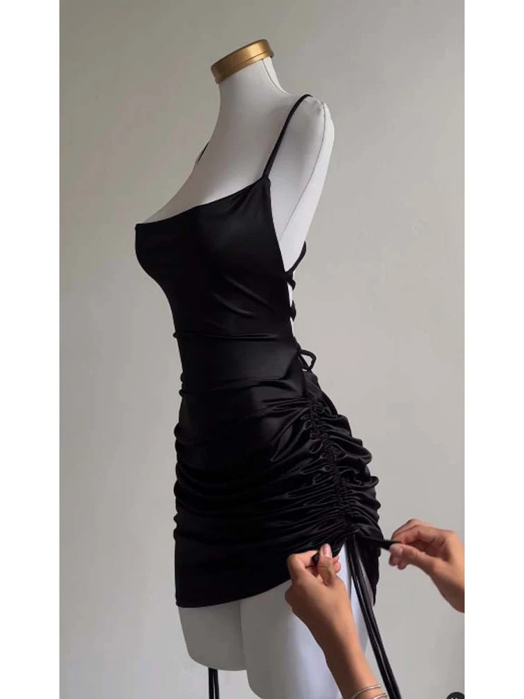 Sexy Sleeveless Backless Bodycon Mini Dress Women Summer Satin Lace Up Party Club Dresses Streetwear Evening Black Y2K 2025 Robe TechVisio