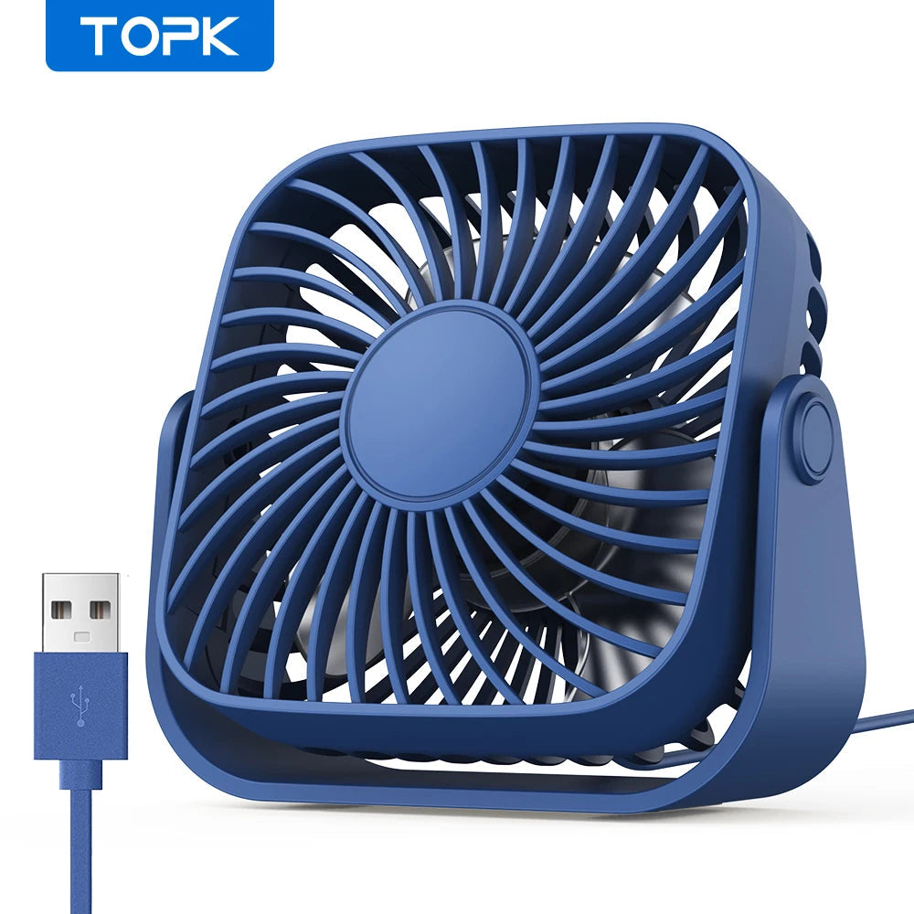 TOPK 4Inch USB Mini Portable Fan for Camping,3 Speeds Quiet Desk Table Personal Fan,360°Adjustment Standing Fans for Room Home TechVisio