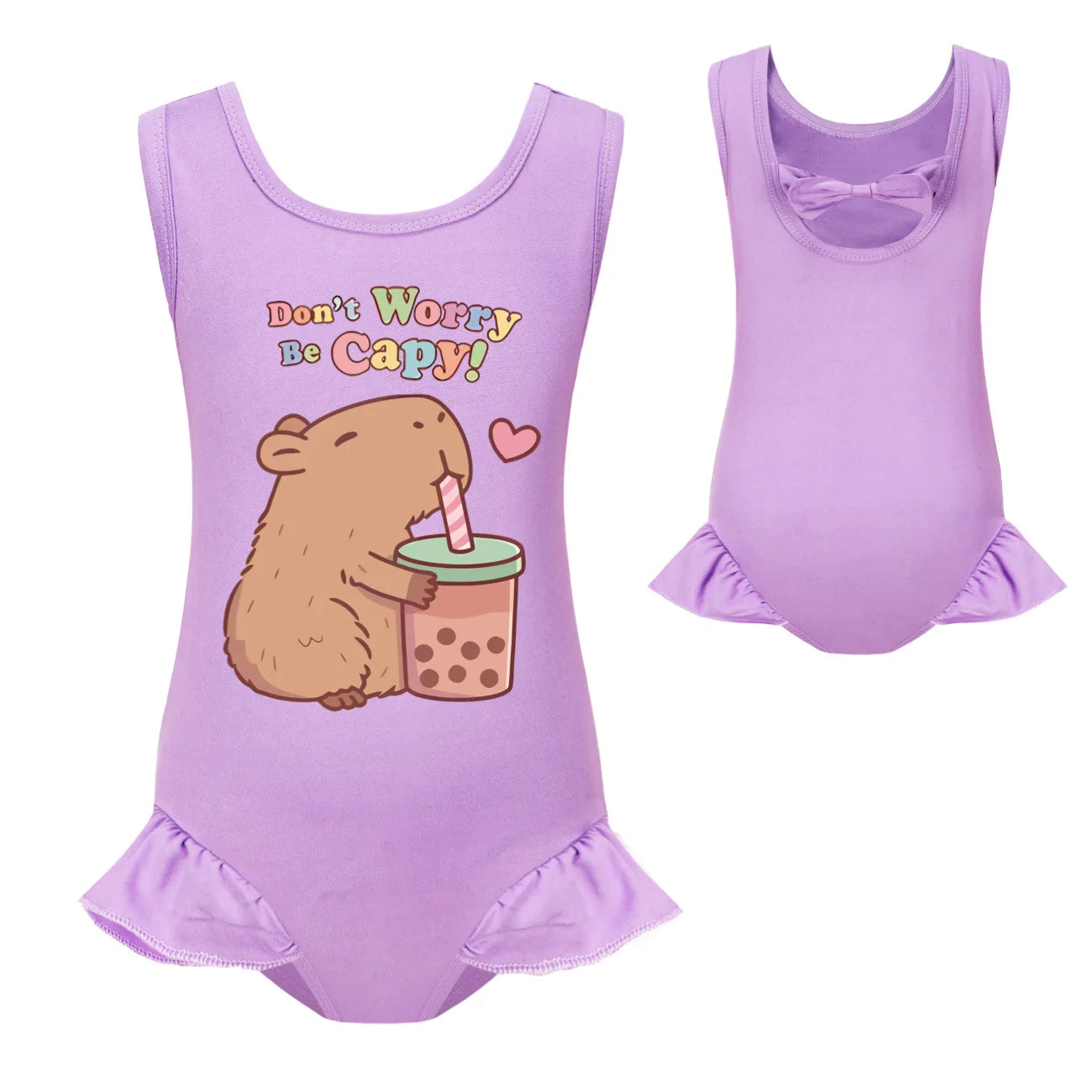 Cute Capybara Loves Bubble Tea Clothes Kids Summer Swimwear Baby Girls Once Piece Swimsuit & Cap Children Vacation Bikini suits TechVisio