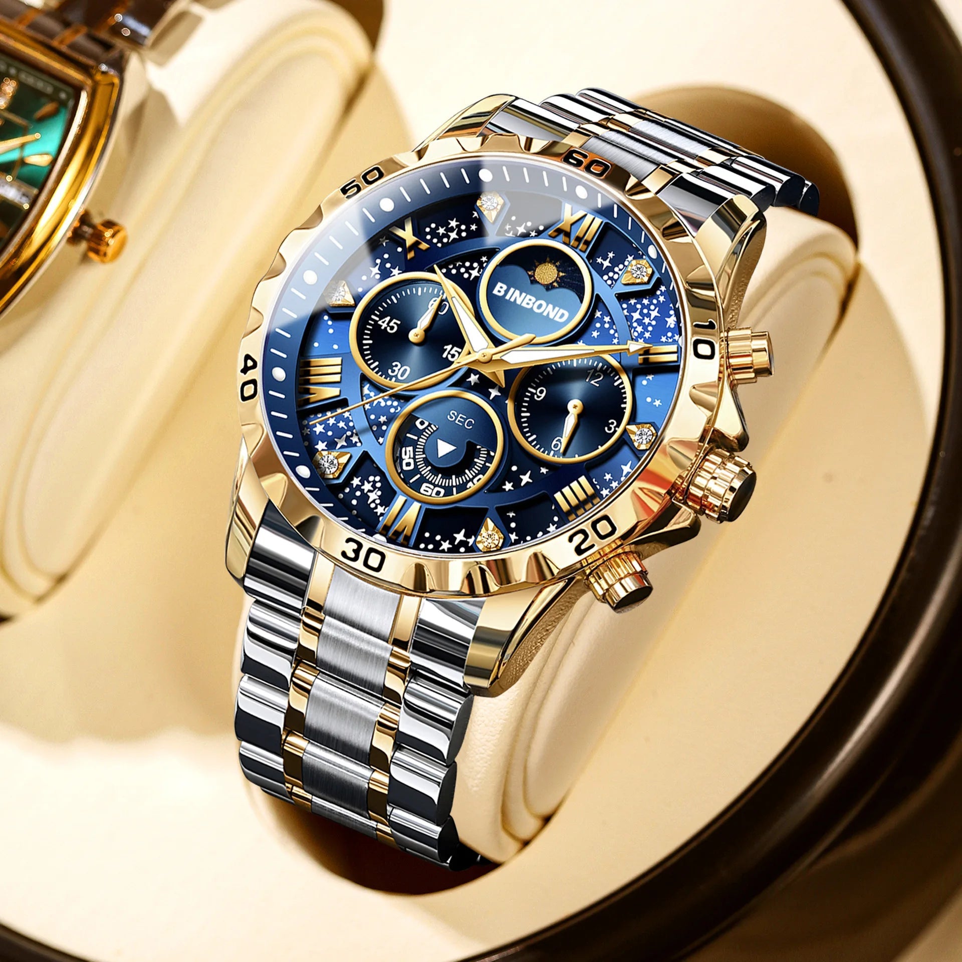 2026 Men Watch Light Luxury Business Steel Belt Moonphase Starry Night Light Waterproof Men's Fashion Quartz Clock Watches Gift TechVisio