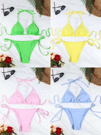 2 Pc Sexy Women Thong Solid Color Bikini Set Side Halter Tie Swimsuit Ladies Split Strap Adjustable Brazilian Swimwear Beachwear TechVisio