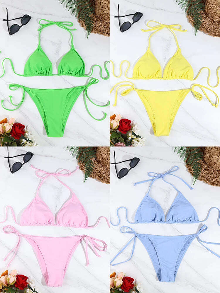 2 Pc Sexy Women Thong Solid Color Bikini Set Side Halter Tie Swimsuit Ladies Split Strap Adjustable Brazilian Swimwear Beachwear TechVisio