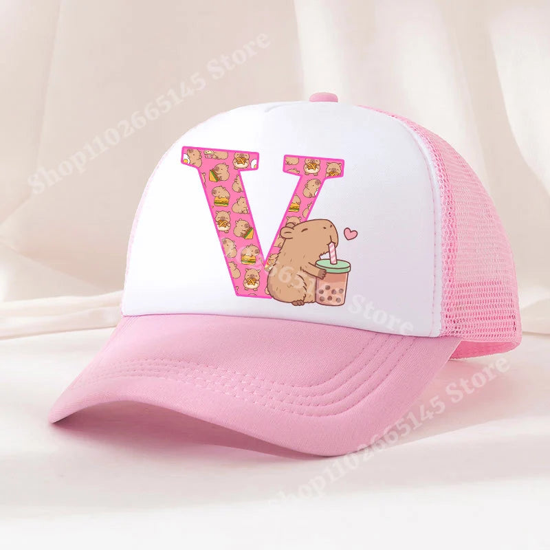 Capibara Baseball Cap Girls Women Anime Capybara Letter A-Z Sun Hat Kids Adult Summer Breathable Mesh Sunbonnet Outdoor Headgear TechVisio