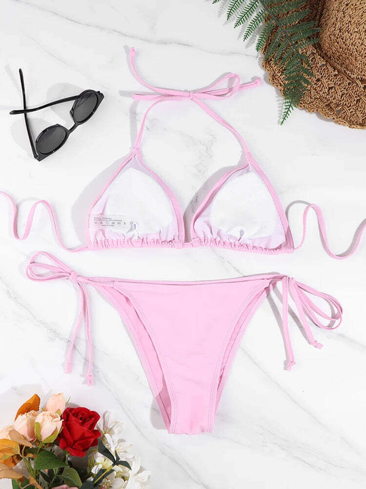 2 Pc Sexy Women Thong Solid Color Bikini Set Side Halter Tie Swimsuit Ladies Split Strap Adjustable Brazilian Swimwear Beachwear TechVisio