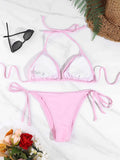 2 Pc Sexy Women Thong Solid Color Bikini Set Side Halter Tie Swimsuit Ladies Split Strap Adjustable Brazilian Swimwear Beachwear TechVisio