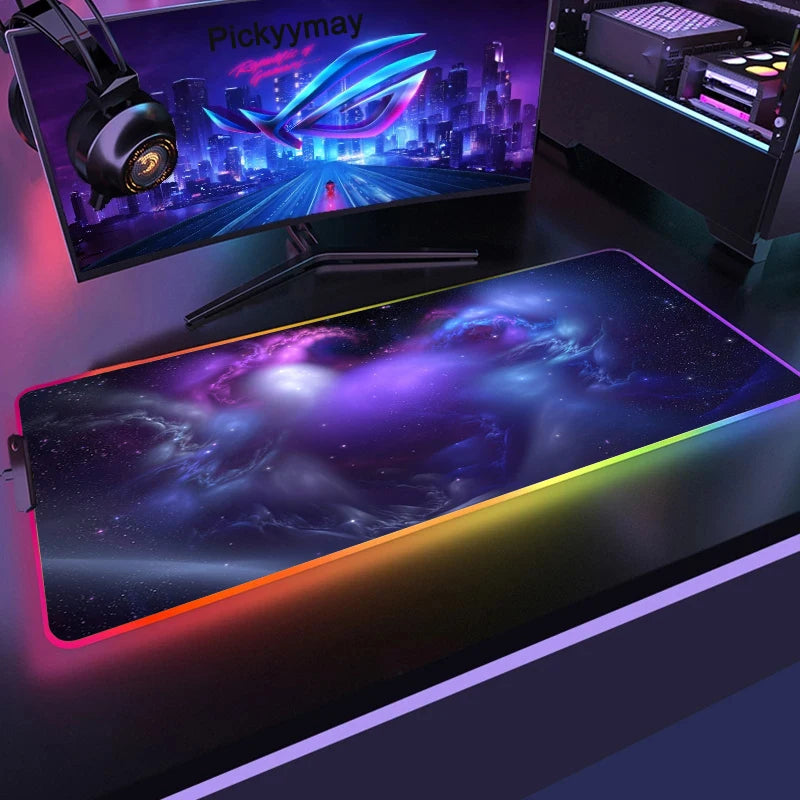 Tapis de Souris Gaming XXL RGB — Éclairage LED, Motif Space Galaxy, Antidérapant — Toutes Tailles