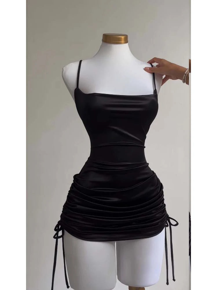 Sexy Sleeveless Backless Bodycon Mini Dress Women Summer Satin Lace Up Party Club Dresses Streetwear Evening Black Y2K 2025 Robe TechVisio