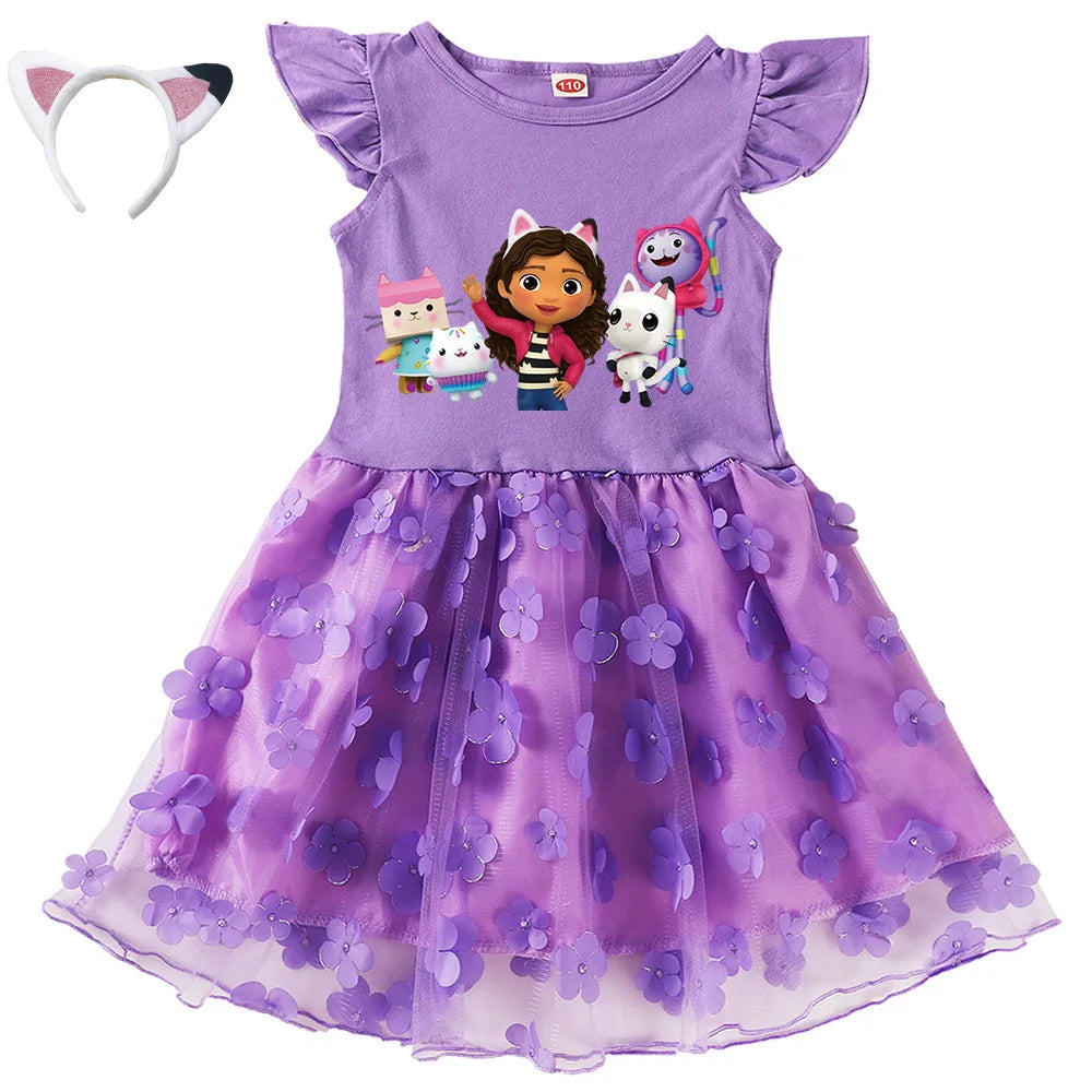 Vestidos Gabbys Dollhouse Costume Kids Cartoon Gabby Chat Dress Baby Girls Summer Short Sleeve Casual Dresses and Bag & Headband TechVisio
