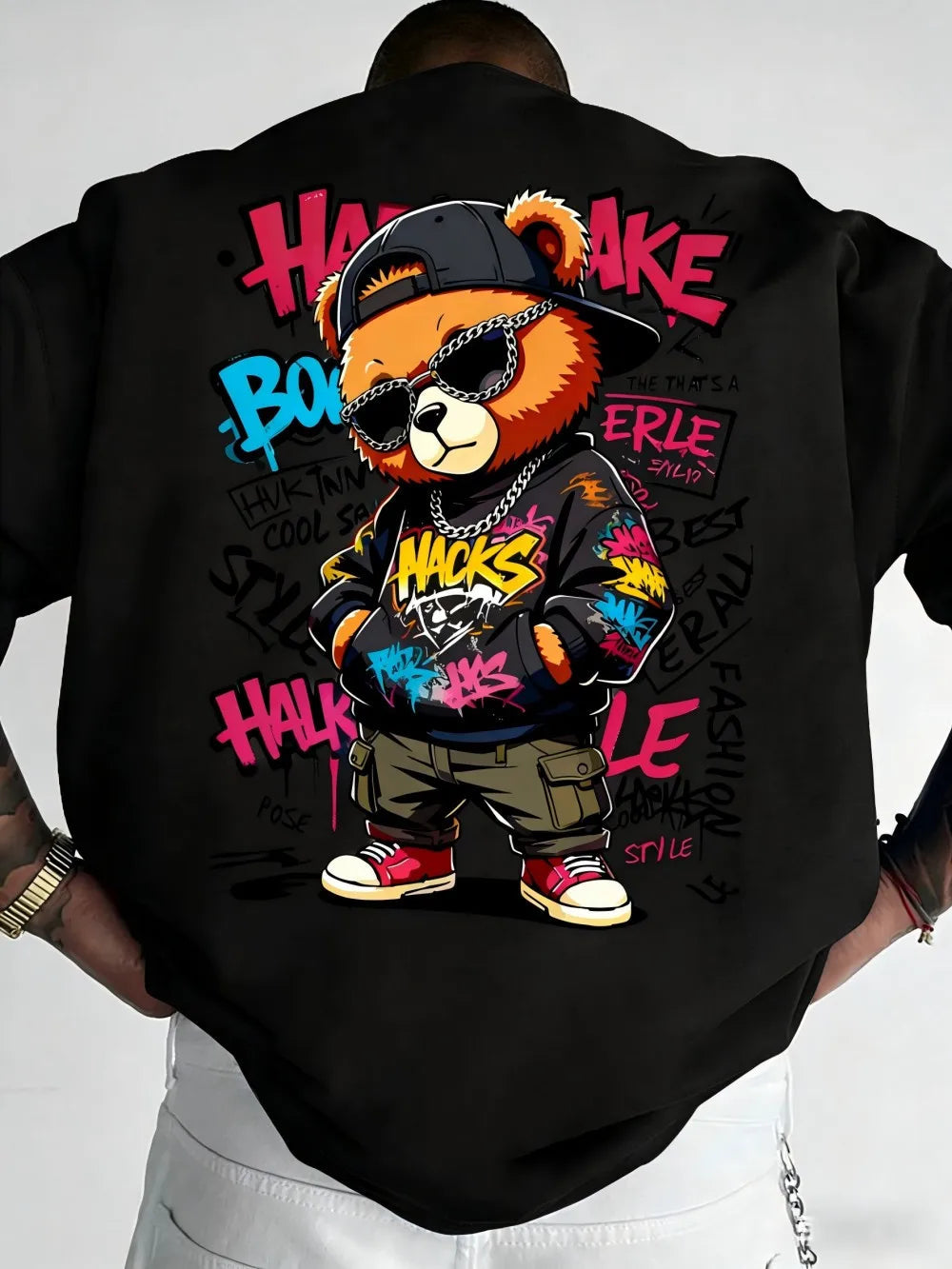 European and American men's summer teddy bear graffiti print comfortable and breathable round neck T-shirt outdoor street top TechVisio
