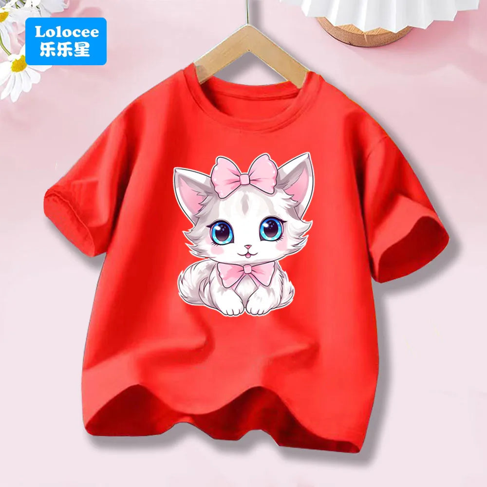 Cute Cat with Bow Print Girls T Shirt Kids Summer Short Sleeve Cotton T-shirt Kawaii Top Tee for Baby Girl 3-14y MM1 TechVisio