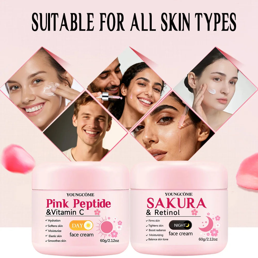 4-Piece Day & Night Skincare Set: Pink Peptide Vitamin C Day Cream + Sakura Retinol Night Cream & Essence for Hydration, Firmnes TechVisio