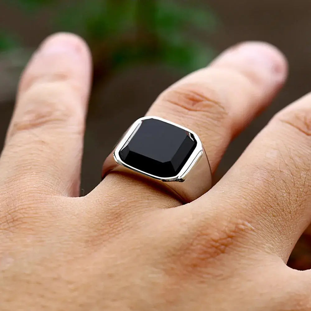 Bague Acier Inoxydable Zircon & Agate Noire NORTHMAN