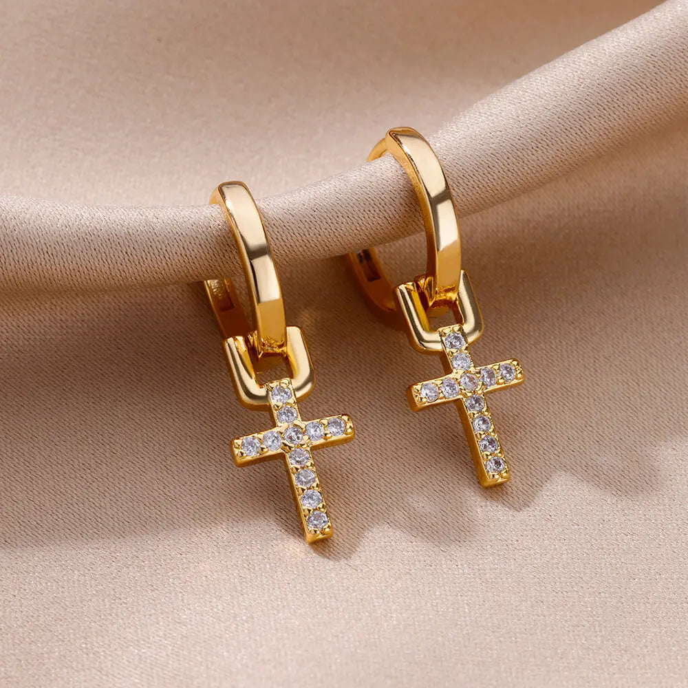 Zircon Cross Drop Earring for Women 2023 Gold Color Stainless Steel Earrings Luxury Ear Buckle Jewelry Wedding Gifts pendientes TechVisio