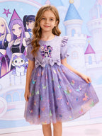 Dreamy Style Kids Princess Dress, Purple, K-POP Cartoon Print + Colorful Dot Butterfly Sequin Elements TechVisio