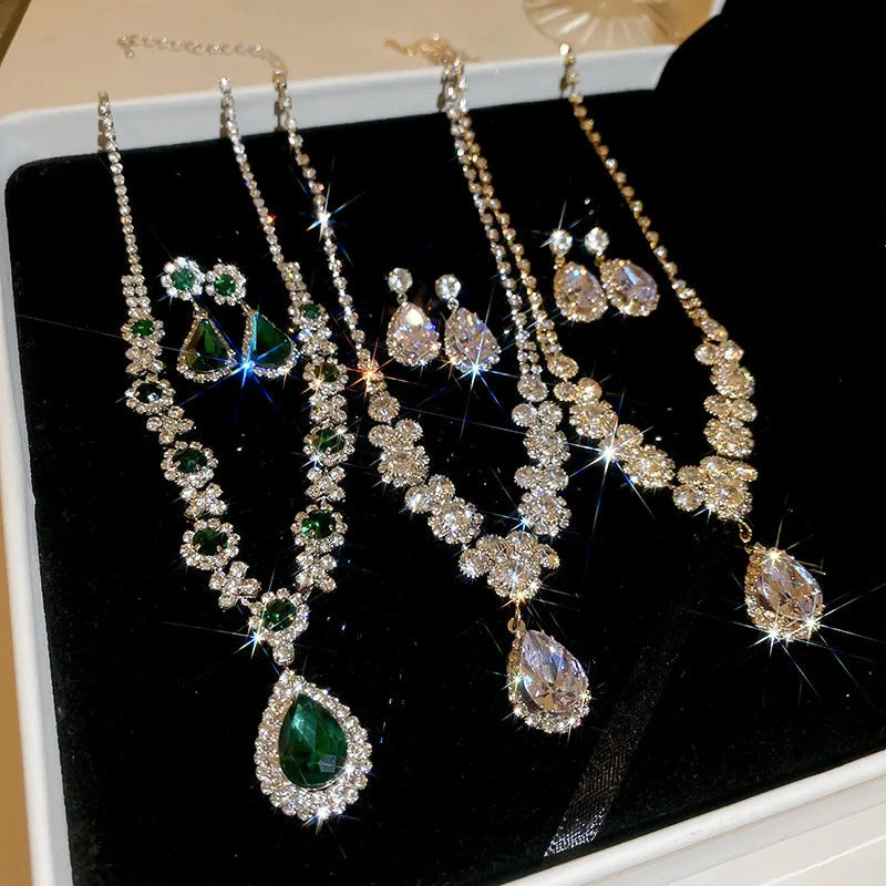 Shiny Crystal Necklace Earrings Women's Fashion Big Water Droplet Rhinestone Necklaces Wedding Evening Dress Jewelry Set TechVisio